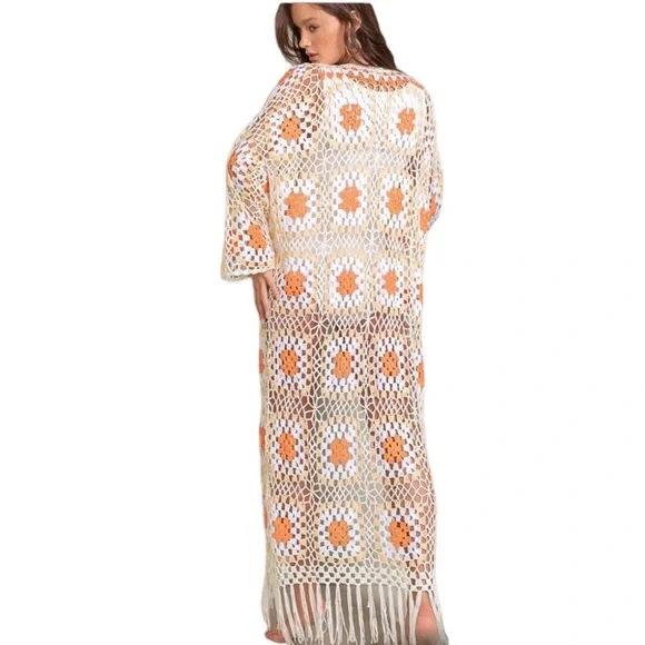 200. Women’s White/Orange Hand Crochet Maxi Fringe Cardigan NWT - Picture 3 of 3